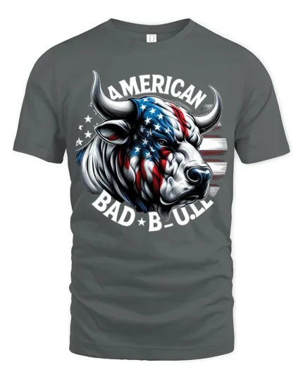 Patriot American Bad Bull Flag Horns Patriotic Graphic Tee - gray t-shirt on white background