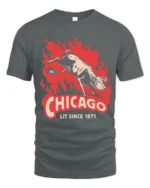 Vintage Chicago Lit Since 1871 Great Fire Cow Graphic Tee - gray t-shirt on white background