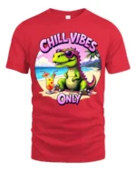 Hilarious Chill Vibes Only Dinosaur Beach Tropical Graphic Tee - red t-shirt on white background