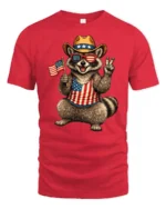Humorous Country Pride Trash Panda Peace Sign Graphic Tee - red t-shirt on white background