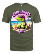 Hilarious Chill Vibes Only Dinosaur Beach Tropical Graphic Tee - military green t-shirt on white background