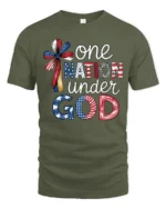 Spiritual One Nation Under God Patriotic Cross Graphic Tee - military green t-shirt on white background