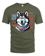 Cute Star Spangled Alaskan Sled Dog Independence Day Tshirt - military green t-shirt on white background