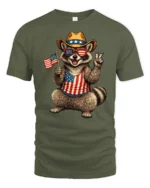 Humorous Country Pride Trash Panda Peace Sign Graphic Tee - military green t-shirt on white background