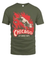 Vintage Chicago Lit Since 1871 Great Fire Cow Graphic Tee - military green t-shirt on white background