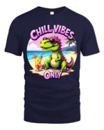 Hilarious Chill Vibes Only Dinosaur Beach Tropical Graphic Tee - navy t-shirt on white background
