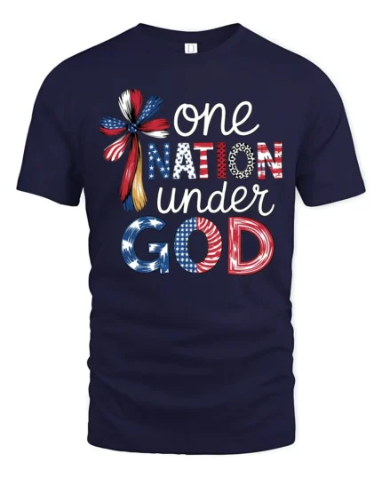Spiritual One Nation Under God Patriotic Cross Graphic Tee - navy t-shirt on white background