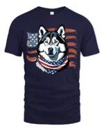 Cute Star Spangled Alaskan Sled Dog Independence Day Tshirt - navy t-shirt on white background