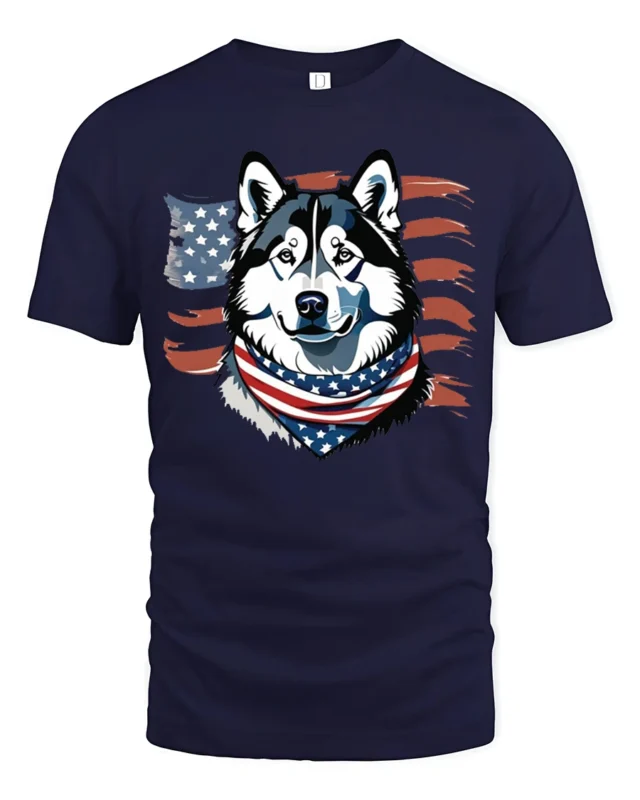 Cute Star Spangled Alaskan Sled Dog Independence Day Tshirt - navy t-shirt on white background