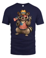 Humorous Country Pride Trash Panda Peace Sign Graphic Tee - navy t-shirt on white background