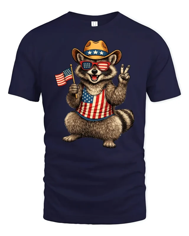 Humorous Country Pride Trash Panda Peace Sign Graphic Tee - navy t-shirt on white background