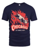 Vintage Chicago Lit Since 1871 Great Fire Cow Graphic Tee - navy t-shirt on white background