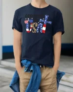 Faithful Stars And Stripes American Pride Graphic Tshirt - model wearing navy tee with hands in pockets