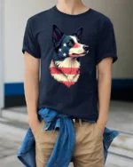 Beautiful Patriotic Border Collie Dog USA Flag Graphic Tee - model wearing navy tee with hands in pockets