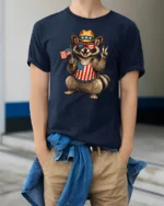 Humorous Country Pride Trash Panda Peace Sign Graphic Tee - model wearing navy tee with hands in pockets