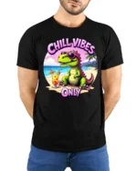 Hilarious Chill Vibes Only Dinosaur Beach Tropical Graphic Tee - model wearing black tee with hands behind back