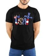 Faithful Stars And Stripes American Pride Graphic Tshirt - model wearing black tee with hands behind back