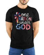 Spiritual One Nation Under God Patriotic Cross Graphic Tee - model wearing black tee with hands behind back