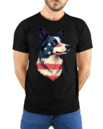 Beautiful Patriotic Border Collie Dog USA Flag Graphic Tee - model wearing black tee with hands behind back