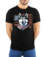 Cute Star Spangled Alaskan Sled Dog Independence Day Tshirt - model wearing black tee with hands behind back