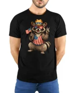 Humorous Country Pride Trash Panda Peace Sign Graphic Tee - model wearing black tee with hands behind back