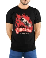 Vintage Chicago Lit Since 1871 Great Fire Cow Graphic Tee - model wearing black tee with hands behind back