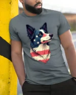 Beautiful Patriotic Border Collie Dog USA Flag Graphic Tee - model wearing grey tee, leaning on column