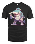 Cool Shark with Spray Can Hip Hop Cartoon Graphic Tee Tshirt - black t-shirt on white background