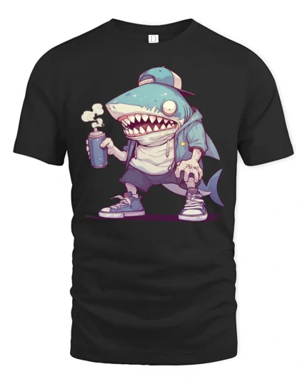 Cool Shark with Spray Can Hip Hop Cartoon Graphic Tee Tshirt - black t-shirt on white background