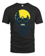 Cool Skull Camping Graphic Tee Outdoor Adventure Sunset Tshirt - black t-shirt on white background