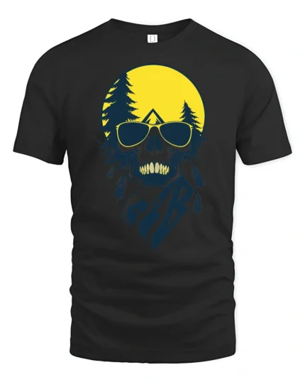 Cool Skull Camping Graphic Tee Outdoor Adventure Sunset Tshirt - black t-shirt on white background