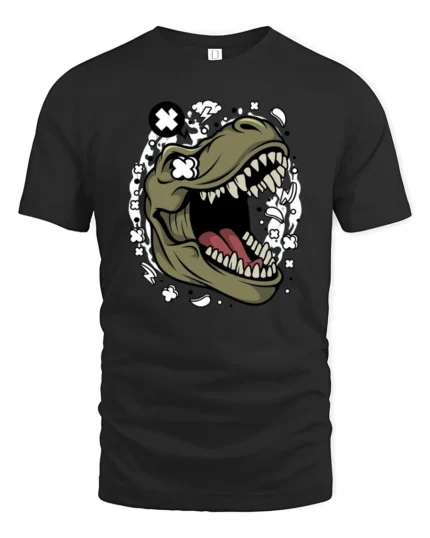 Cool Dinosaur T Rex Roar Comic Style Graphic Tee Fun Tshirt - black t-shirt on white background