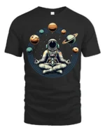 Astronaut Meditation Space Planets Zen Cosmic Graphic Tee Tshirt - black t-shirt on white background