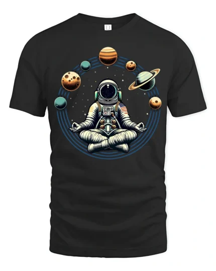 Astronaut Meditation Space Planets Zen Cosmic Graphic Tee Tshirt - black t-shirt on white background