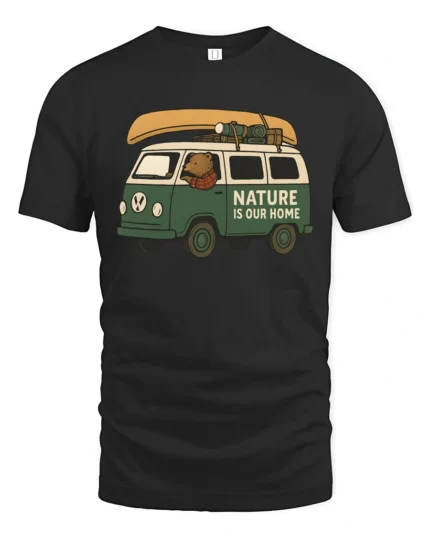 Nature Is Our Home Camper Van Adventure Graphic Tee Tshirt - black t-shirt on white background
