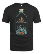 Ship In A Bottle Kraken Ocean Adventure Graphic Tee Tshirt - black t-shirt on white background