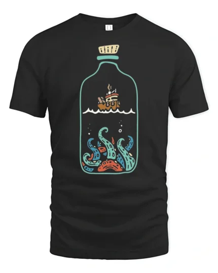 Ship In A Bottle Kraken Ocean Adventure Graphic Tee Tshirt - black t-shirt on white background