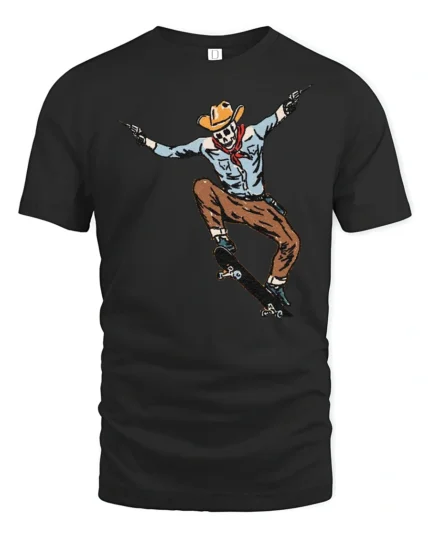 Cowboy Skeleton Skateboard Trick Western Style Graphic Tee Tshirt - black t-shirt on white background