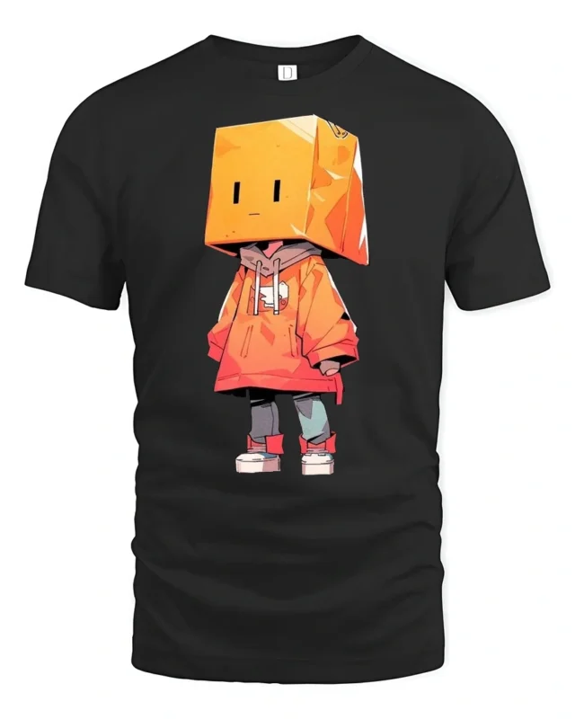 Cute Box Head Hoodie Character Streetwear Graphic Tee Tshirt - black t-shirt on white background