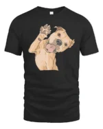 Cute Happy Dog Waving Paw Cartoon Graphic Tee Tshirt - black t-shirt on white background