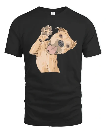 Cute Happy Dog Waving Paw Cartoon Graphic Tee Tshirt - black t-shirt on white background