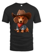 Cute Cowboy Dachshund Dog Cartoon Western Style Graphic Tee Tshirt - black t-shirt on white background