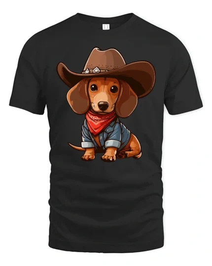 Cute Cowboy Dachshund Dog Cartoon Western Style Graphic Tee Tshirt - black t-shirt on white background