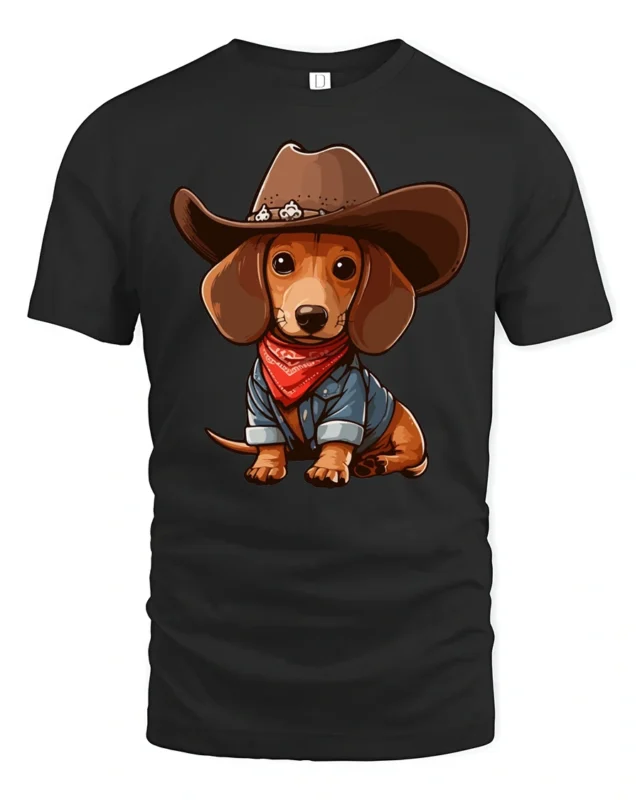 Cute Cowboy Dachshund Dog Cartoon Western Style Graphic Tee Tshirt - black t-shirt on white background