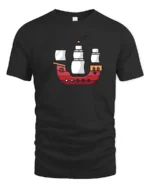Cute Cartoon Pirate Ship Minimal Style Ocean Adventure Graphic Tee Tshirt - black t-shirt on white background