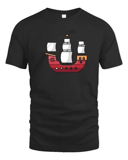 Cute Cartoon Pirate Ship Minimal Style Ocean Adventure Graphic Tee Tshirt - black t-shirt on white background