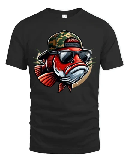 Cool Fishing Fish Wearing Sunglasses Funny Graphic Tee Tshirt - black t-shirt on white background