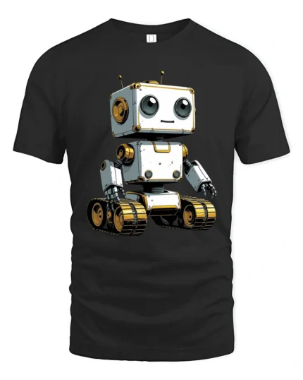 Adorable Robot on Tracks Tech Lover Graphic Tee Tshirt - black t-shirt on white background