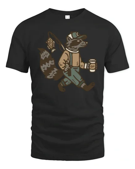 Funny Raccoon Fisherman Graphic Tee Vintage Animal Tshirt - black t-shirt on white background