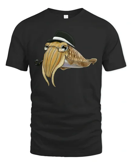 Dapper Squid with Hat and Pipe Cartoon Graphic Tee Tshirt - black t-shirt on white background